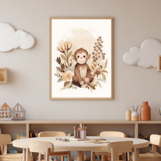 Boho Neutral  Safari Monkey Kids Nursery Art  ポスター