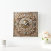 Boho Neutral Sunburst & Macrame Jute Tapestry スクエア壁時計 (ホーム)