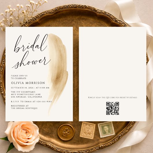 Boho Neutral Watercolor QR Code Bridal Shower 招待状