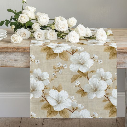 Boho Neutral White Flowers Table Runner ロングテーブルランナー