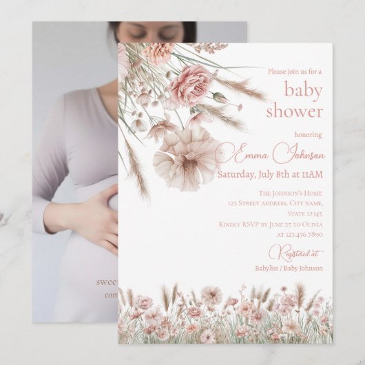 Boho Neutral Wildflower Baby Shower Invitation 招待状 (正面/裏面)