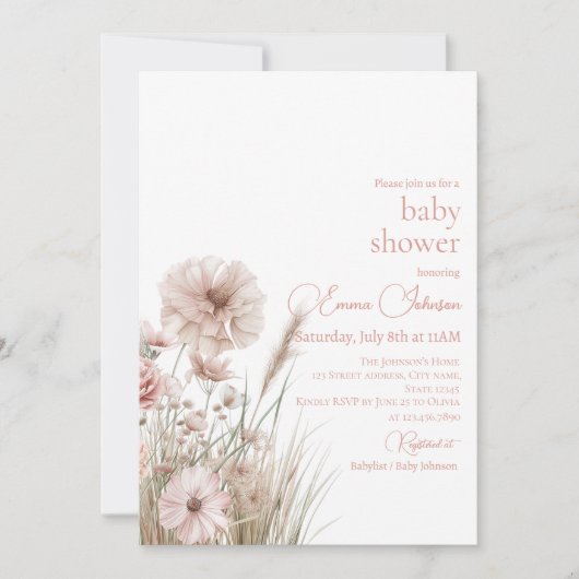 Boho Neutral Wildflower Baby Shower Invitation 招待状 (正面)