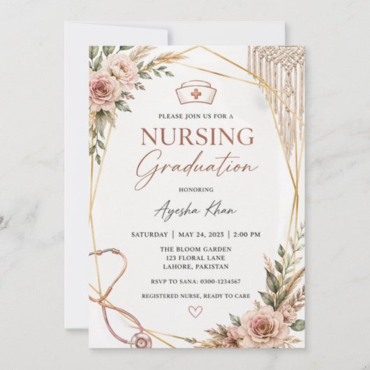 Boho Nursing Graduation Invitation with Stethoscop 招待状 (正面)