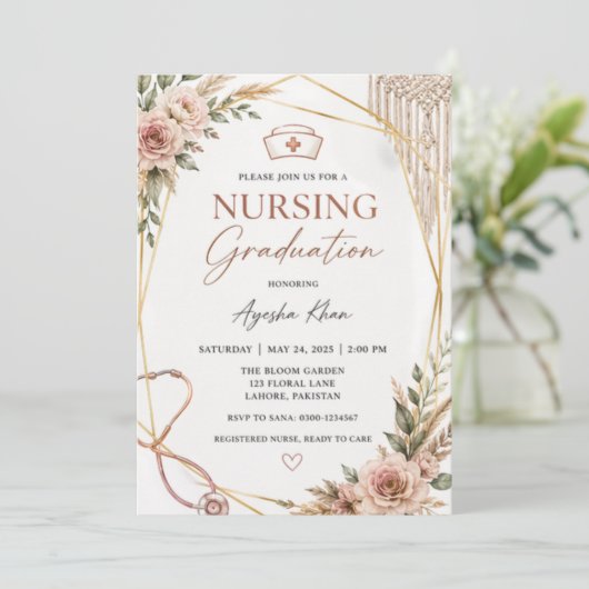 Boho Nursing Graduation Invitation with Stethoscop 招待状 (スタンド正面)