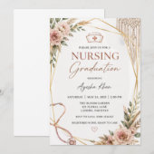 Boho Nursing Graduation Invitation with Stethoscop 招待状 (正面/裏面)
