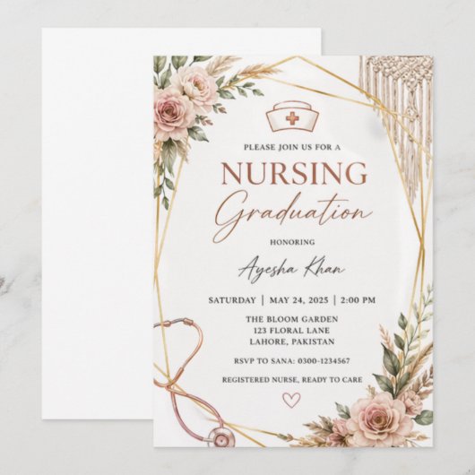 Boho Nursing Graduation Invitation with Stethoscop 招待状 (正面/裏面)