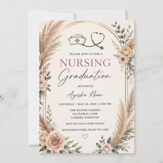Boho Nursing Graduation Invitation with Stethoscop 招待状 (正面)