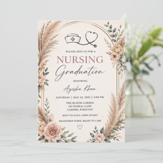 Boho Nursing Graduation Invitation with Stethoscop 招待状 (スタンド正面)