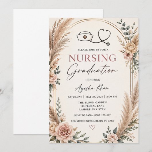 Boho Nursing Graduation Invitation with Stethoscop 招待状 (正面/裏面)