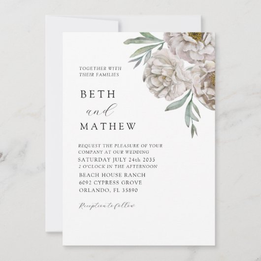 Boho Off White Watercolor Floral 招待状 (正面)