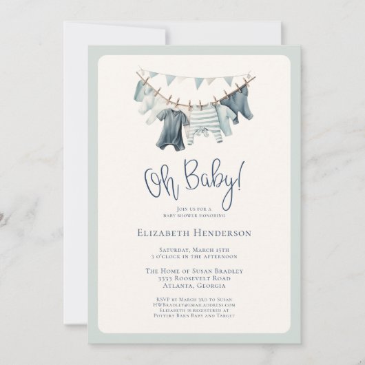 Boho Oh男の赤ちゃん衣服物干し系ベビーシャワー 招待状 (正面)