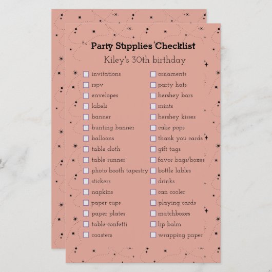 boho oldバラ誕生日パーティー用品チェックリスト (正面/裏面)