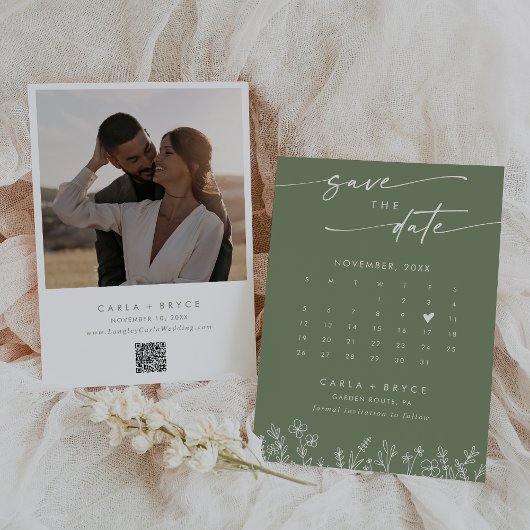 Boho Olive Wildflower QR Code Photo Calendar  セーブザデート