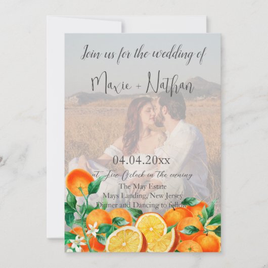 Boho Orange Blossom写真QRコード結婚ズ 招待状 (正面)