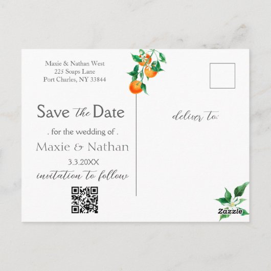 Boho Orange Blossom Save the Date Photo QR Code ポストカード (裏面)