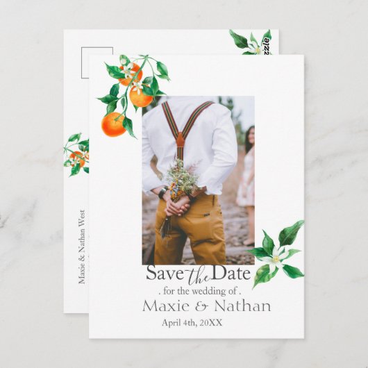 Boho Orange Blossom Save the Date Photo QR Code ポストカード (正面/裏面)