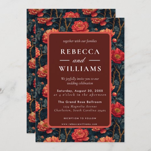 Boho Orange Floral Peonies Wedding Invitation 招待状 (正面/裏面)