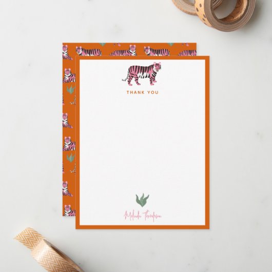 Boho Orange Pink Jungle Tiger Script ノートカード (正面/裏面インサイチュ)