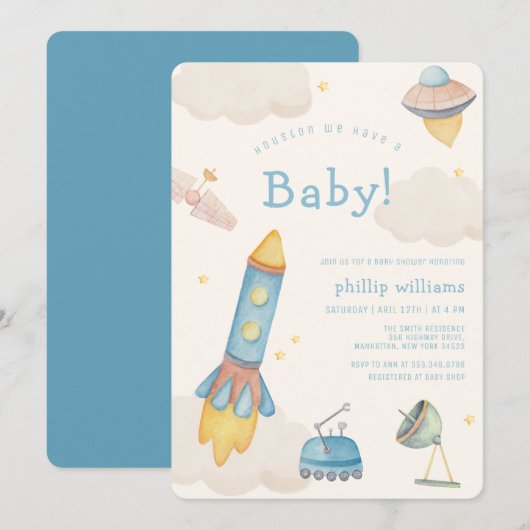 Boho Outer Space Spaceship Rocket Baby Shower 招待状 (正面/裏面)