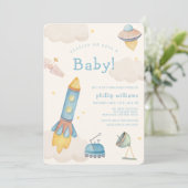 Boho Outer Space Spaceship Rocket Baby Shower 招待状 (スタンド正面)