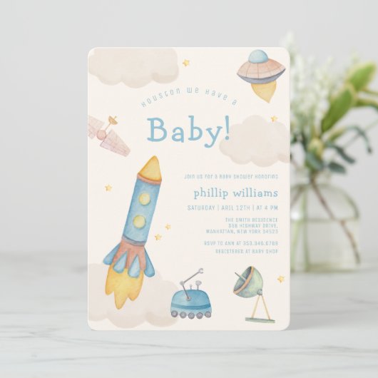 Boho Outer Space Spaceship Rocket Baby Shower 招待状 (スタンド正面)