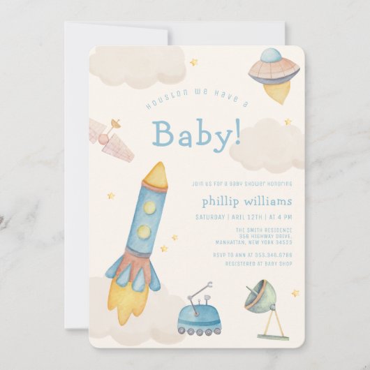 Boho Outer Space Spaceship Rocket Baby Shower 招待状 (正面)