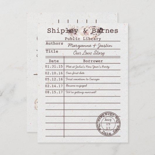 Boho Owl Feather Libraryカード日付の保存 | 案内ポストカード (正面/裏面)