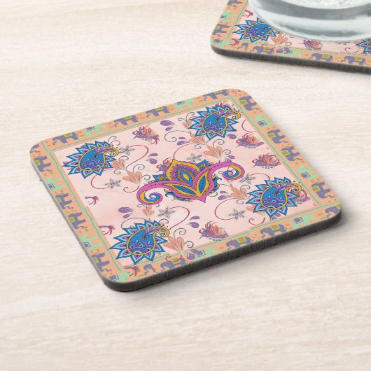 Boho paisley and elephant pattern_lmandala artwork コースター (左側)