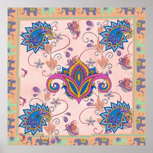 Boho paisley and elephant pattern_lmandala artwork ポスター (正面)