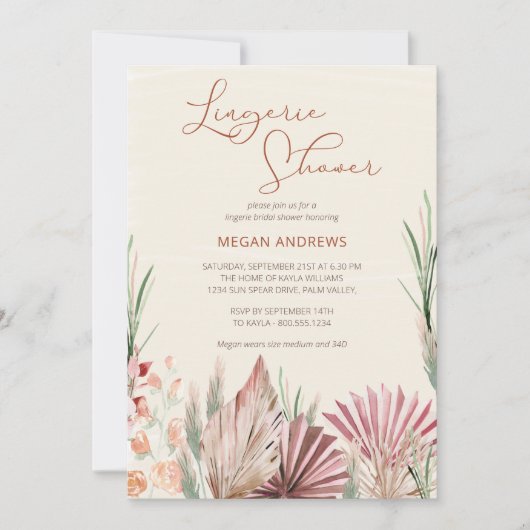 Boho Palm乾燥した熱帯の葉ランジェリーシャワー 招待状 (正面)