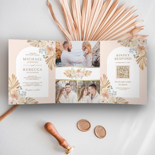 Boho Palm Dustyフローラ自然アーチQRコード結婚ズ 三つ折り招待状