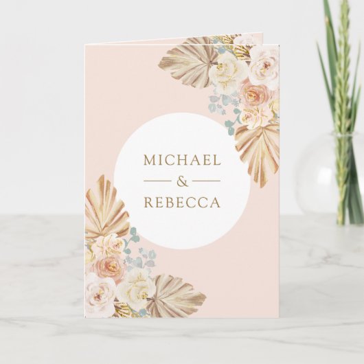 Boho Palm Dusty Earthy Floral Arch QR Code Wedding 招待状 (正面)