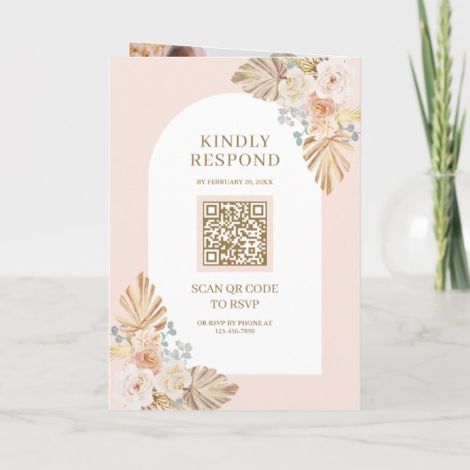Boho Palm Dusty Earthy Floral Arch QR Code Wedding 招待状 (裏面)