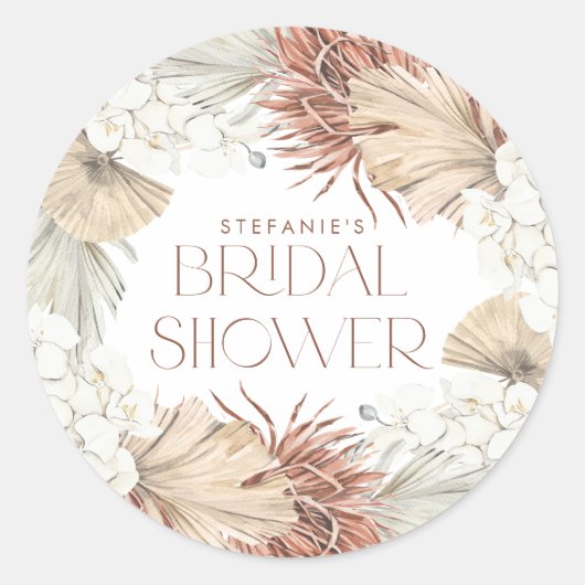 Boho Palm Leaves and Orchids Wreath Bridal Shower ラウンドシール (正面)