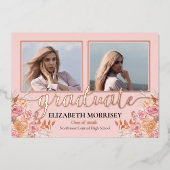 Boho Pampasバラ3写真大学院卒業ピンク 箔招待状 (正面)