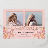 Boho Pampasバラ3写真大学院卒業ピンク 箔招待状 (正面)