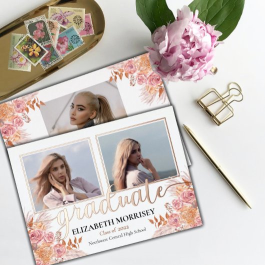 Boho Pampasバラ3 Photo大学院卒業白番 箔招待状