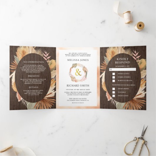 Boho Pampas乾燥したヤシの木結婚すべて 三つ折り招待状 (内部)