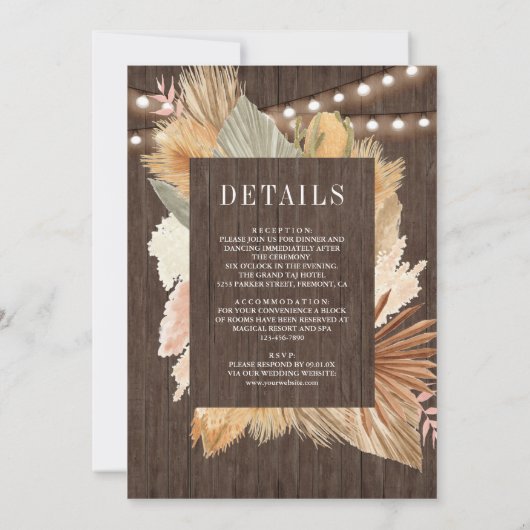 Boho Pampas乾燥したヤシの木結婚すべて 招待状 (裏面)