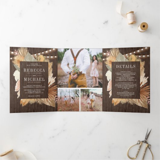 Boho Pampas乾燥パームウッドフォトコラージュ結婚ズ 三つ折り招待状 (内部)