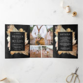 Boho Pampas乾燥パームフォトコラージブラック結婚ズ 三つ折り招待状 (内部)