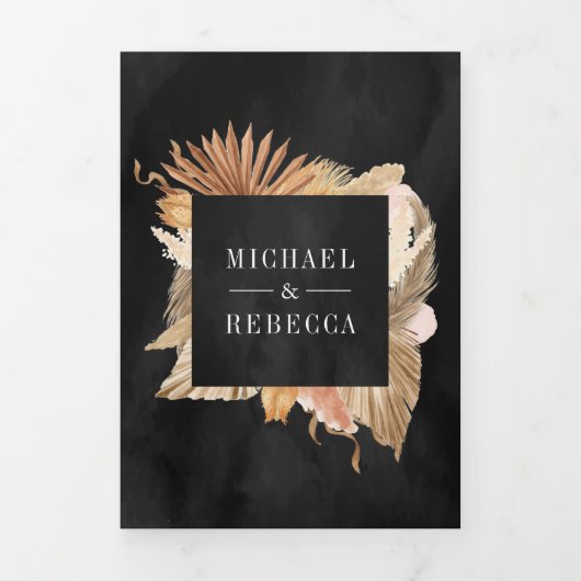 Boho Pampas乾燥パームフォトコラージブラック結婚ズ 三つ折り招待状 (カバー)