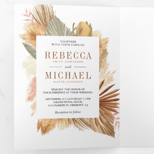Boho Pampas乾燥パームフォトコラージュ結婚ズ 三つ折り招待状 (内部最初)