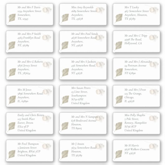 Boho Pampas個々の受信者名アドレス シール (正面)