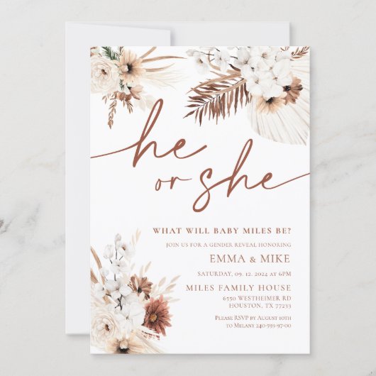 Boho Pampas彼または彼女がジェンダーを明かす招待状 招待状 (正面)