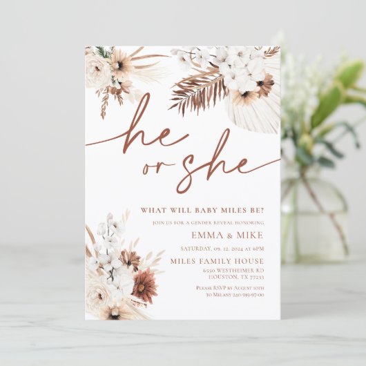 Boho Pampas彼または彼女がジェンダーを明かす招待状 招待状 (スタンド正面)