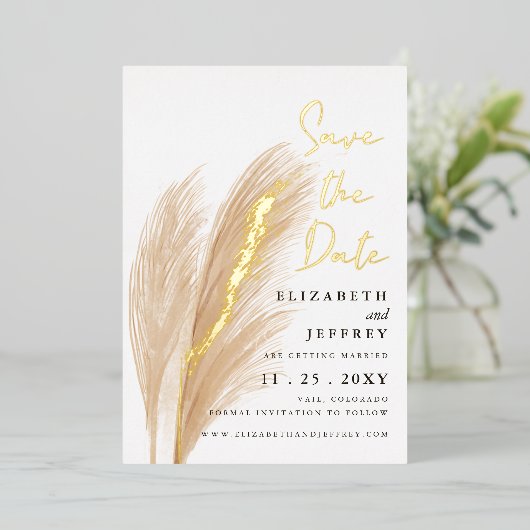 Boho Pampas素朴写真Save The Date 箔招待状 (立ち正面)