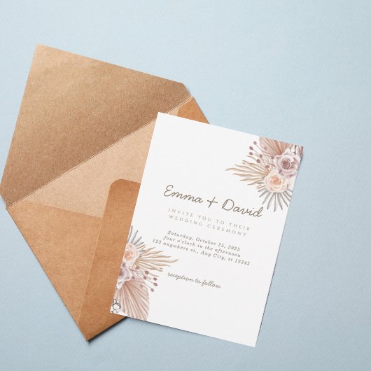 Boho Pampas and Blush Rose Wedding Invitation 招待状