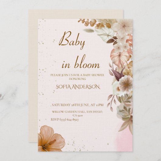 Boho Pampas Baby Shower Invitation ,Neutral Modern 招待状 (正面/裏面)