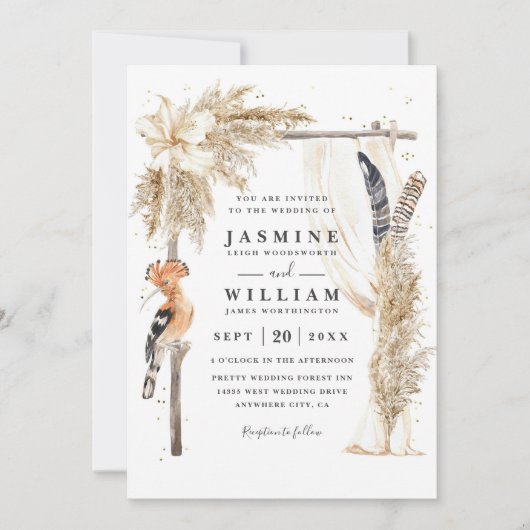 Boho Pampas Canopy Elegant QR Code Wedding 招待状 (正面)